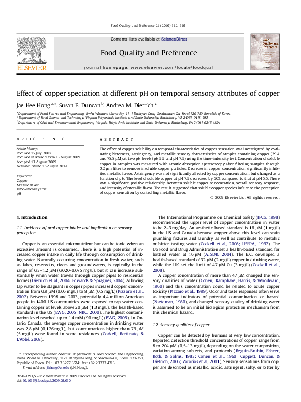 (PDF) Effect of copper speciation at different pH on temporal sensory ...