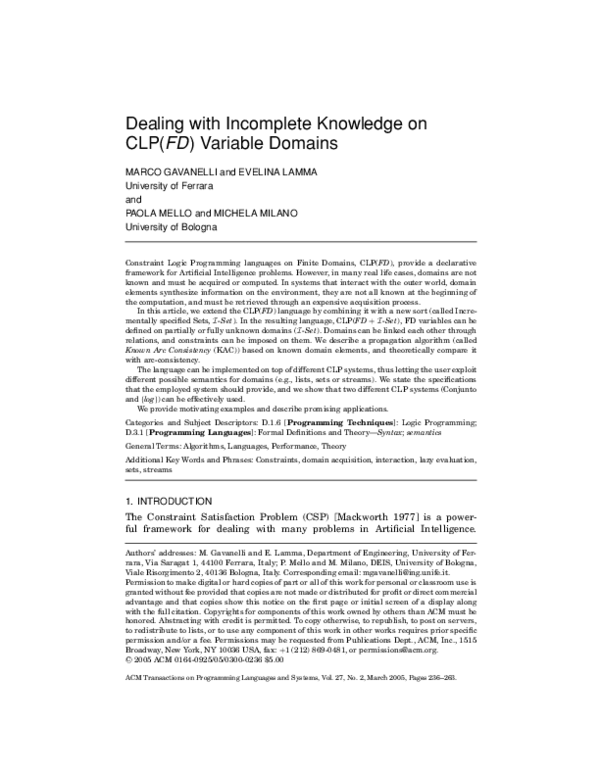 (PDF) Dealing with incomplete knowledge on CLP(