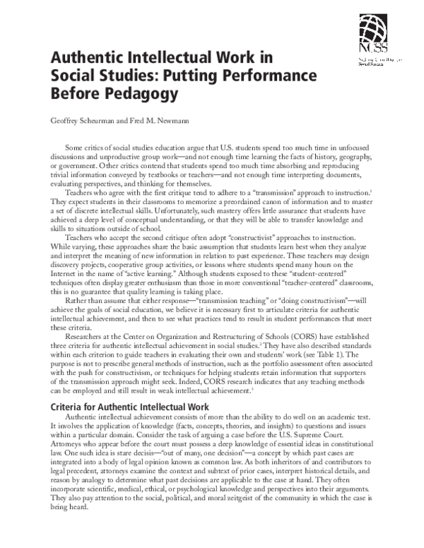 (PDF) Authentic Intellectual Work in Social Studies: Putting ...