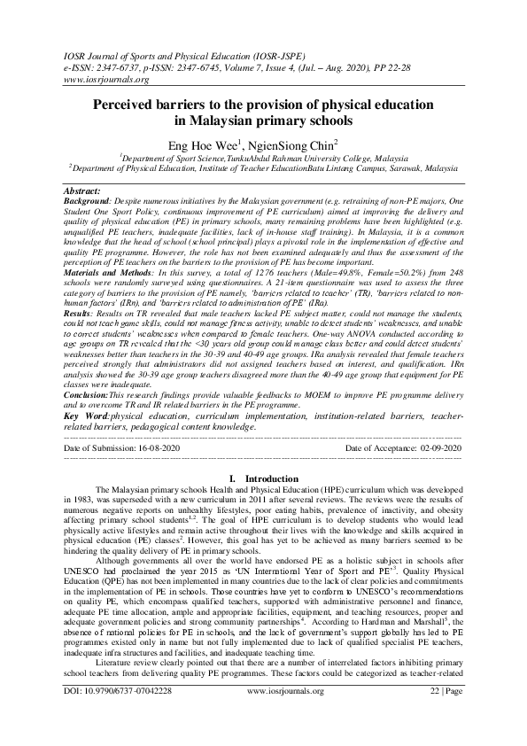 (PDF) Perceived barriers to the provision of physical education in ...