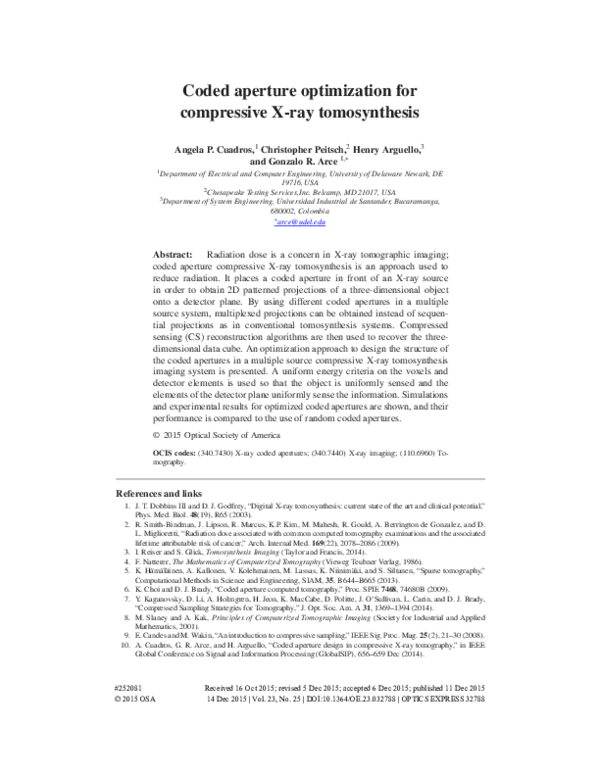 (PDF) Coded aperture optimization for compressive X-ray tomosynthesis