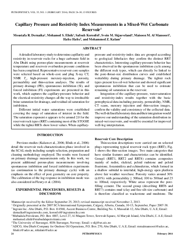 (PDF) Capillary Pressure and Resistivity Index Measurements in a Mixed ...
