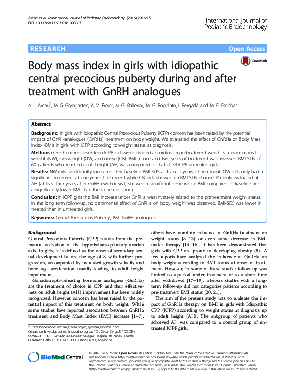 (PDF) Body mass index in girls with idiopathic central precocious ...