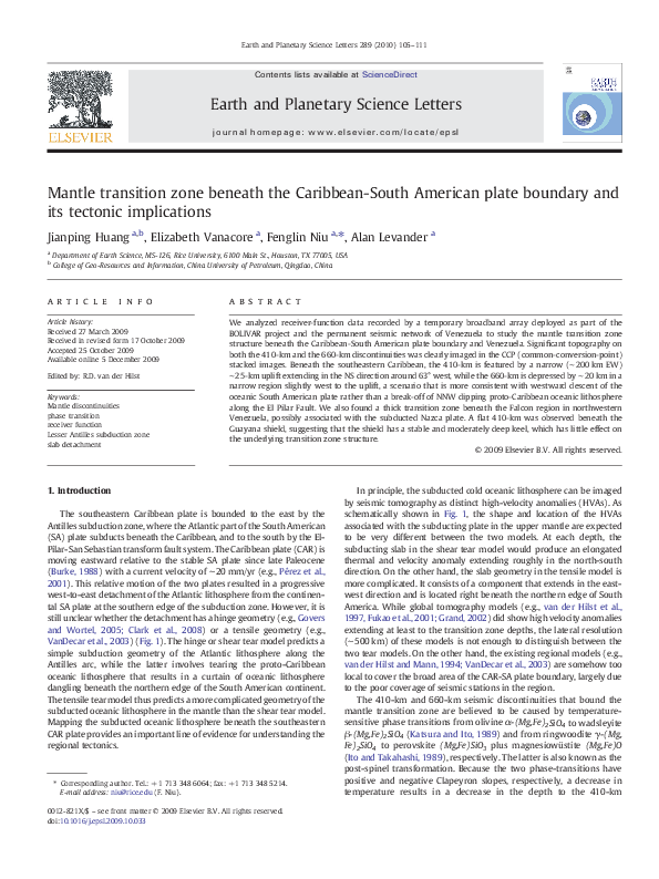 (PDF) Mantle transition zone beneath the Caribbean-South American plate ...