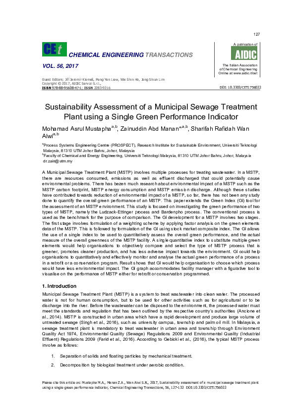 (PDF) Sustainability Assessment of a Municipal Sewage Treatment Plant ...
