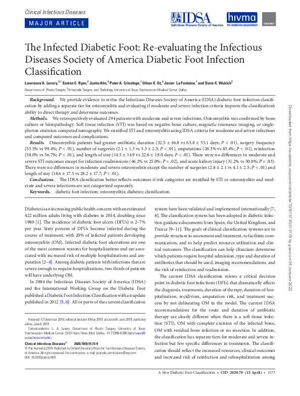 (PDF) The Infected Diabetic Foot ReEvaluating the IDSA Diabetic Foot Infection Classification
