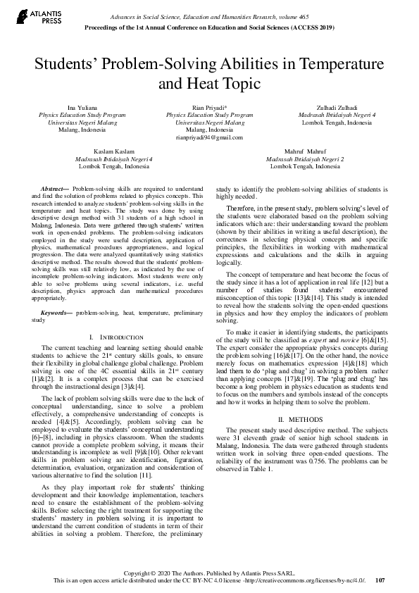 (PDF) Students’ Problem-Solving Abilities in Temperature and Heat Topic