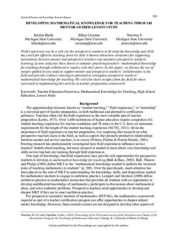 (PDF) Developing Mathematical Knowledge for Teaching through Mentor ...