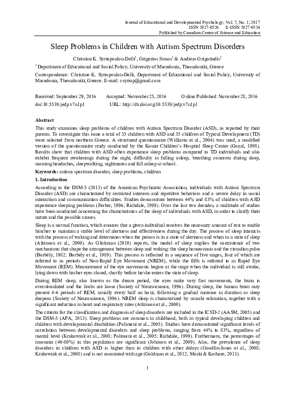 (PDF) Sleep Problems in Children with Autism Spectrum Disorders