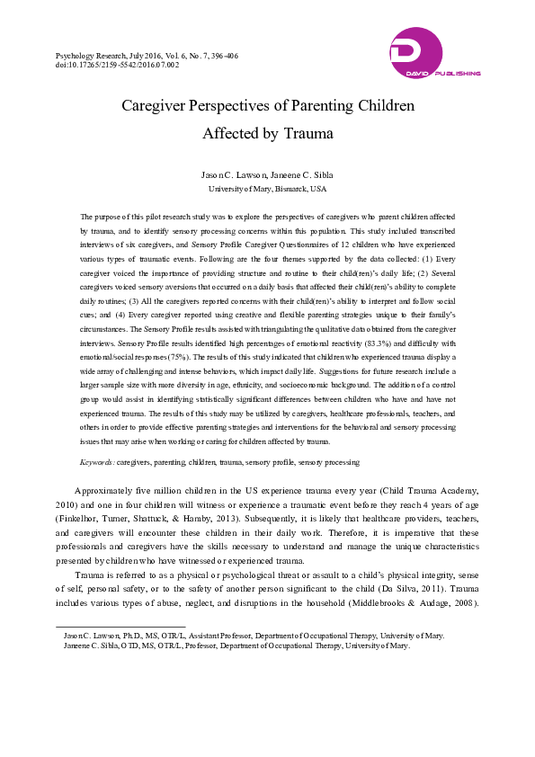 (PDF) Caregiver Perspectives of Parenting Children Affected by Trauma