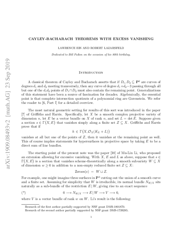 (PDF) CayleyBacharach theorems with excess vanishing Lawrence Ein