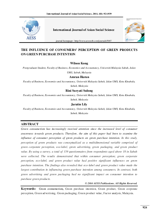 (PDF) The Influence of Consumers Perception of Green Products on Green ...