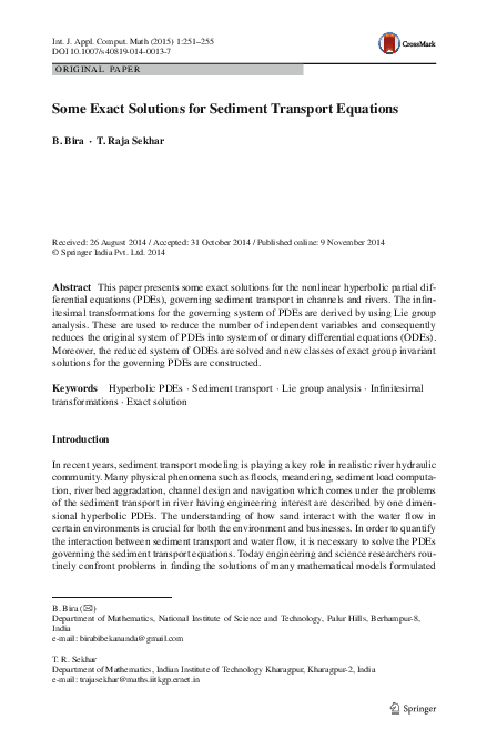 (PDF) Some Exact Solutions for Sediment Transport Equations
