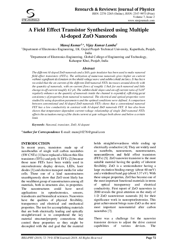 (PDF) A Field Effect Transistor Synthesized using Multiple Al-doped ZnO ...