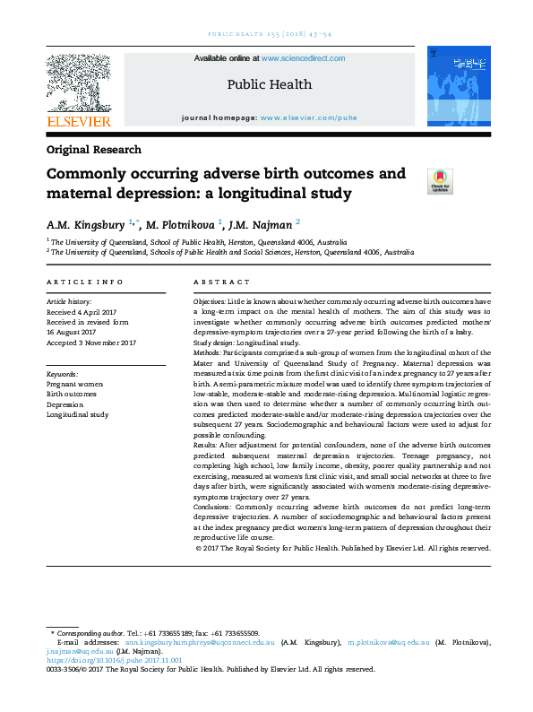 (PDF) Commonly occurring adverse birth outcomes and maternal depression ...