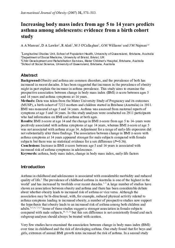 (PDF) Increasing body mass index from age 5 to 14 years predicts asthma ...