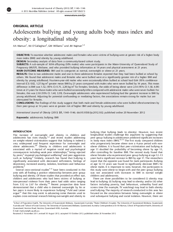 (PDF) Adolescents bullying and young adults body mass index and obesity ...