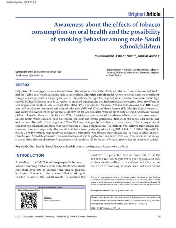 (PDF) Awareness about the effects of tobacco consumption on oral health ...