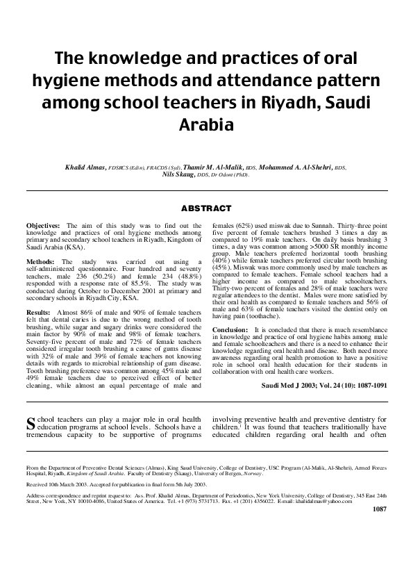 (PDF) The knowledge and practices of oral hygiene methods and ...