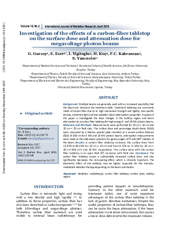 First page of “Investigation of the effects of a carbon-fiber tabletop on the surface dose and attenuation dose for megavoltage photon beams”