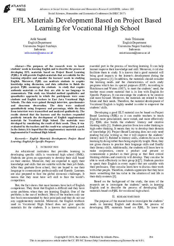 (PDF) EFL Materials Development Based on Project Based Learning for ...