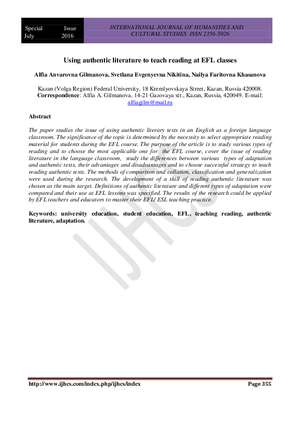 (PDF) Using authentic literature to teach reading at EFL classes