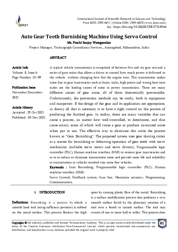 (PDF) Auto Gear Teeth Burnishing Machine Using Servo Control International Journal of
