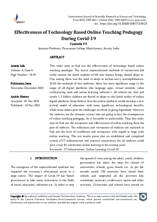 (PDF) Effectiveness of Technology Based Online Teaching Pedagogy During ...