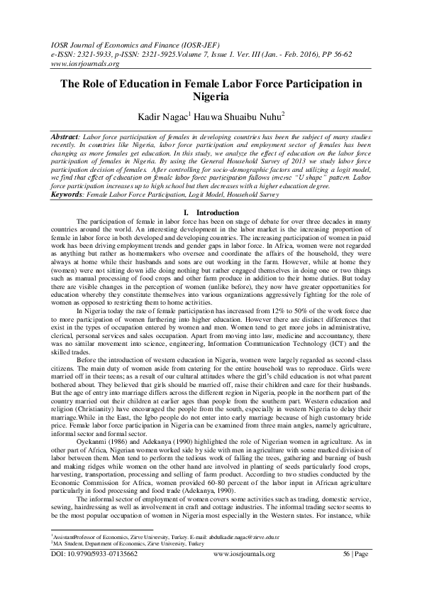 (PDF) The Role of Education in Female Labor Force Participation in Nigeria