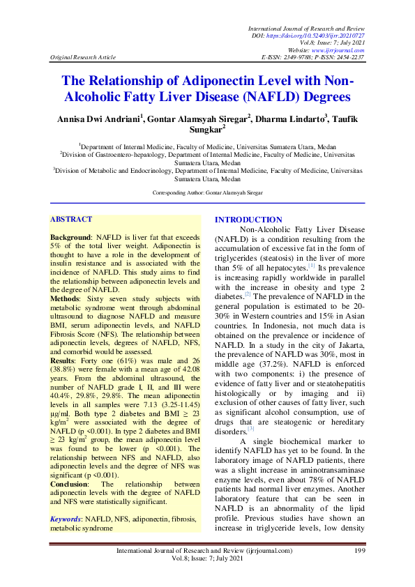 (PDF) The Relationship of Adiponectin Level with Non-Alcoholic Fatty ...