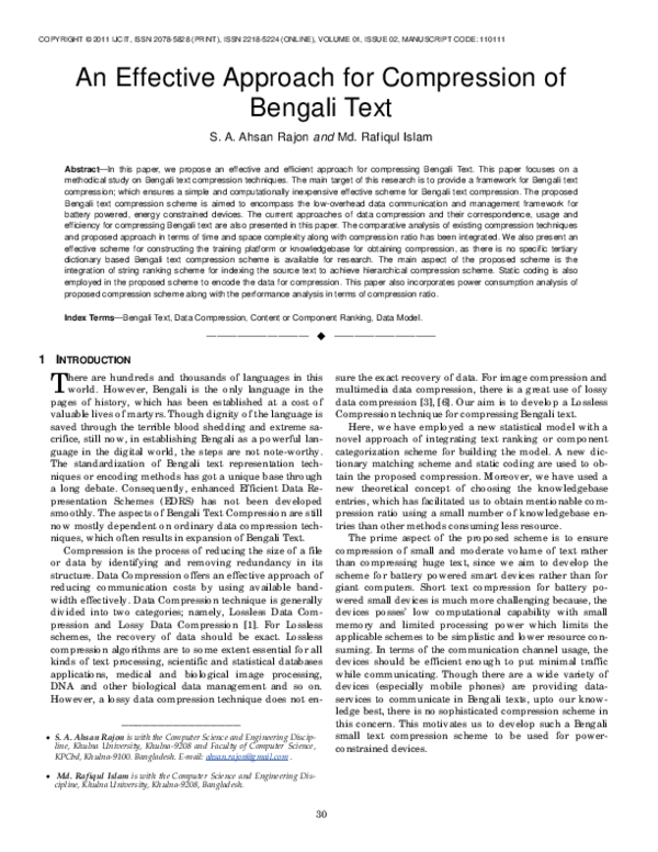 (PDF) An Effective Approach for Compression of Bengali Text