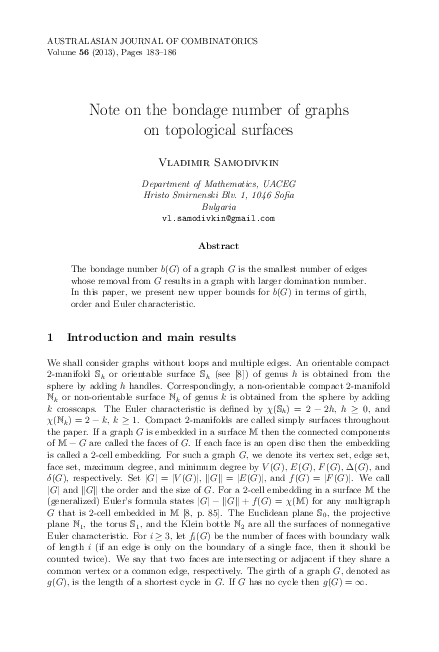 (PDF) Note on the bondage number of graphs on topological surfaces