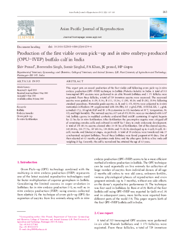 (PDF) Production of the first viable ovum pick–up and in vitro embryo ...