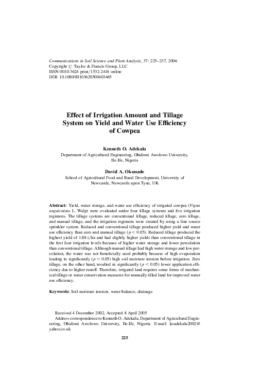 (PDF) Effect of Irrigation Amount and Tillage System on Yield and Water ...
