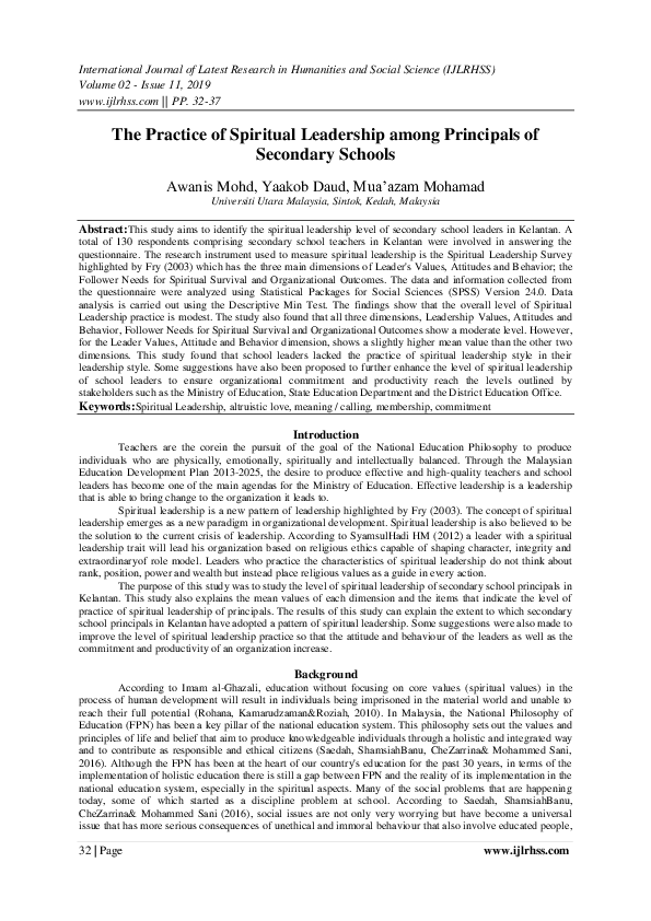 (PDF) The Practice of Spiritual Leadership among Principals of ...