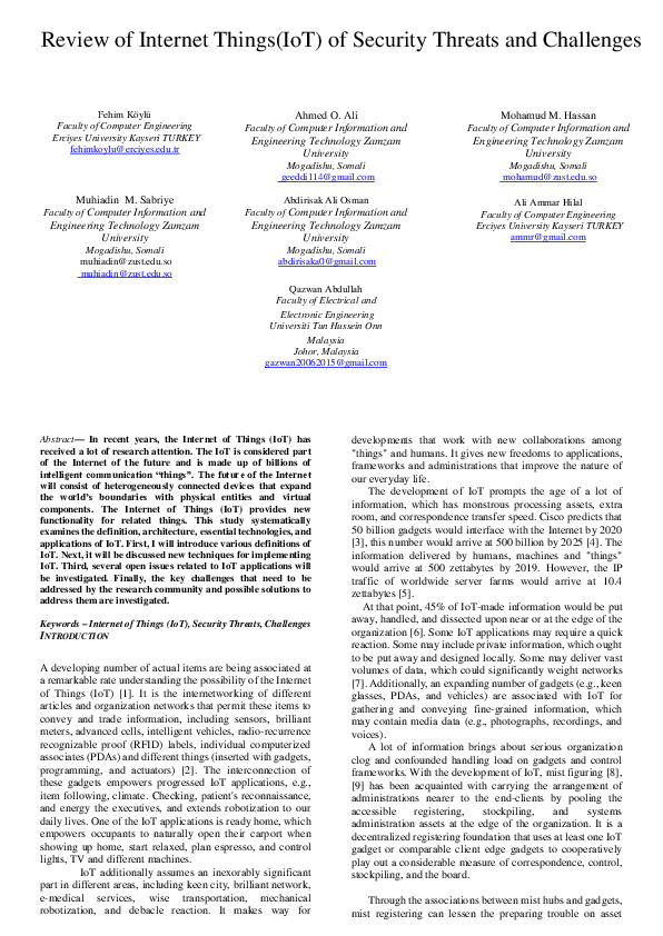 (PDF) Review of internet of things of security threats and Challenges