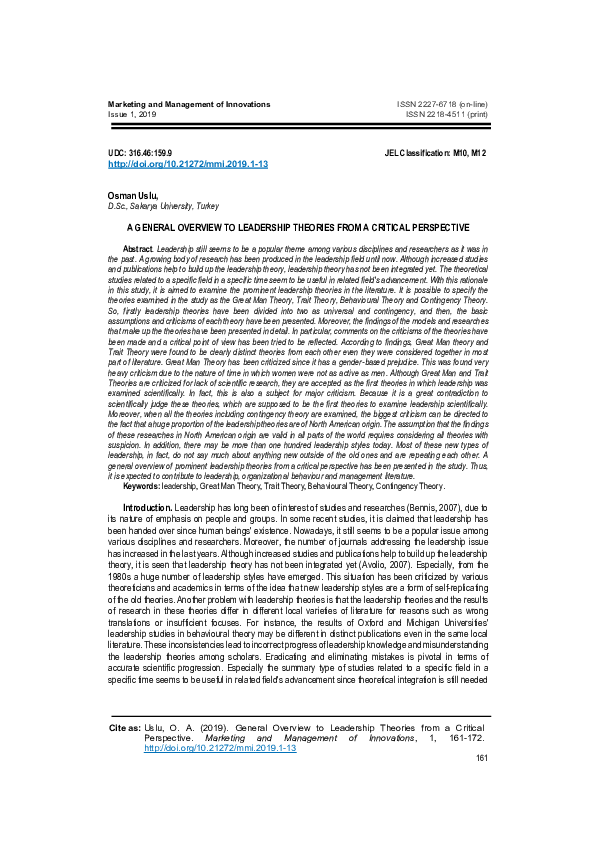 (PDF) General Overview to Leadership Theories from a Critical Perspective