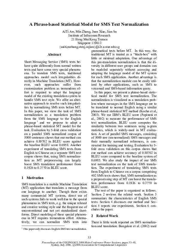 (PDF) A phrase-based statistical model for SMS text normalization