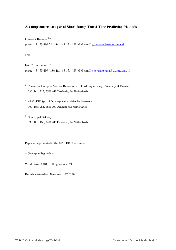 (PDF) A comparative analysis of short-range travel time prediction methods