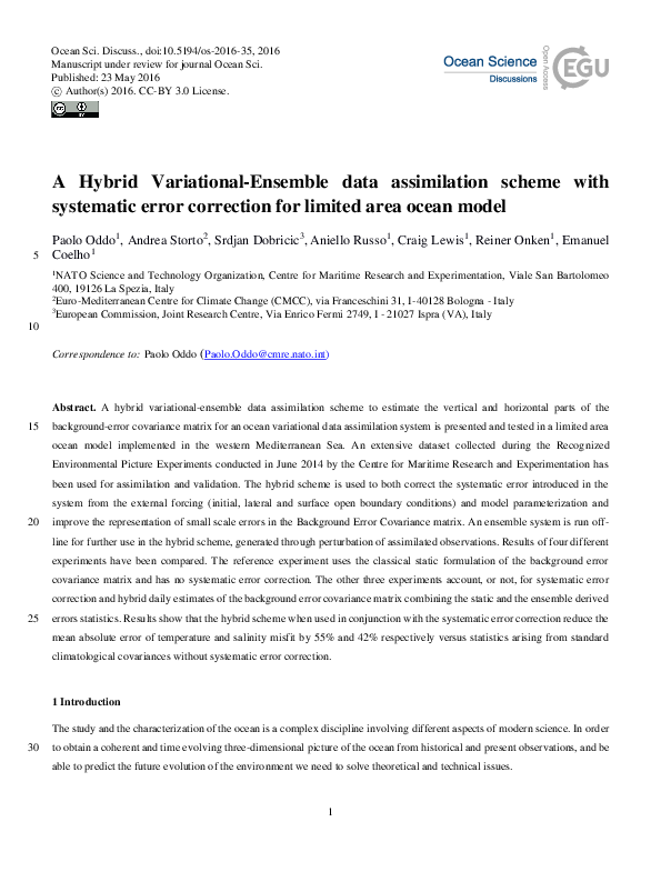 (PDF) A Hybrid Variational-Ensemble data assimilation scheme with ...
