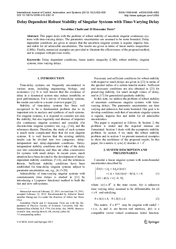 (PDF) Delay dependent robust stability of singular systems with time ...