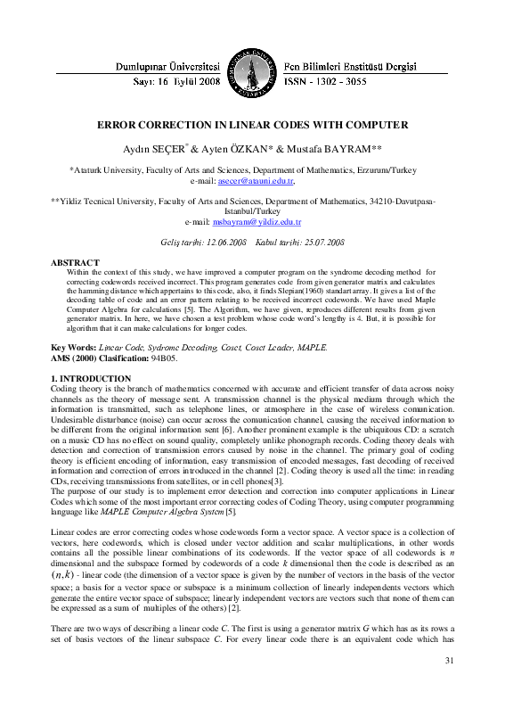 (PDF) Error Correction in Linear Codes with Computer