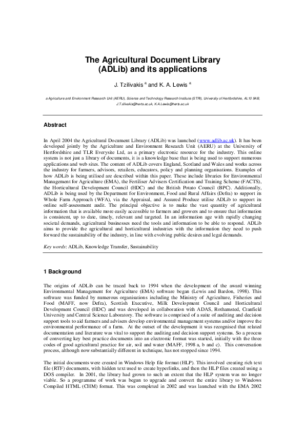 (PDF) The Agricultural Document Library (ADLib) and its applications