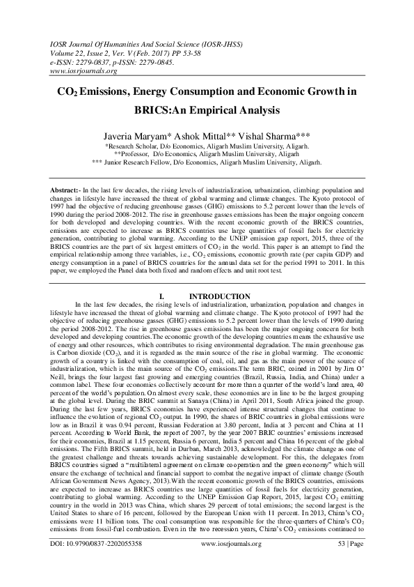 (PDF) CO2 Emissions, Energy Consumption and Economic Growth in BRICS:An ...