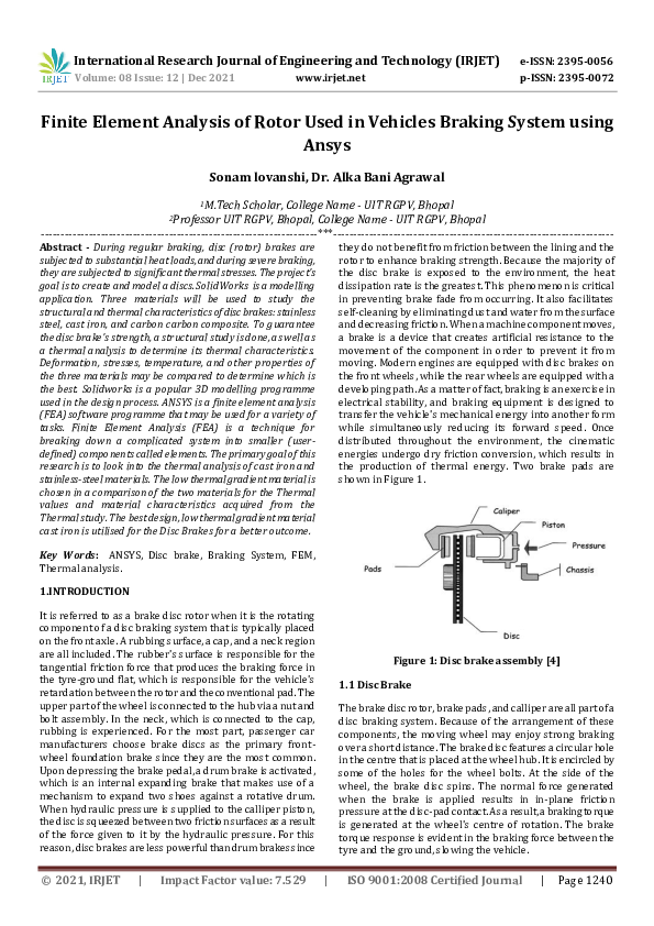 (PDF) IRJET- Finite Element Analysis of Rotor Used in Vehicles Braking ...