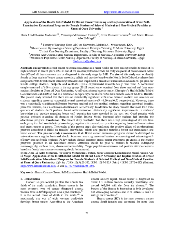 (PDF) Application of the Health Belief Model for Breast Cancer ...