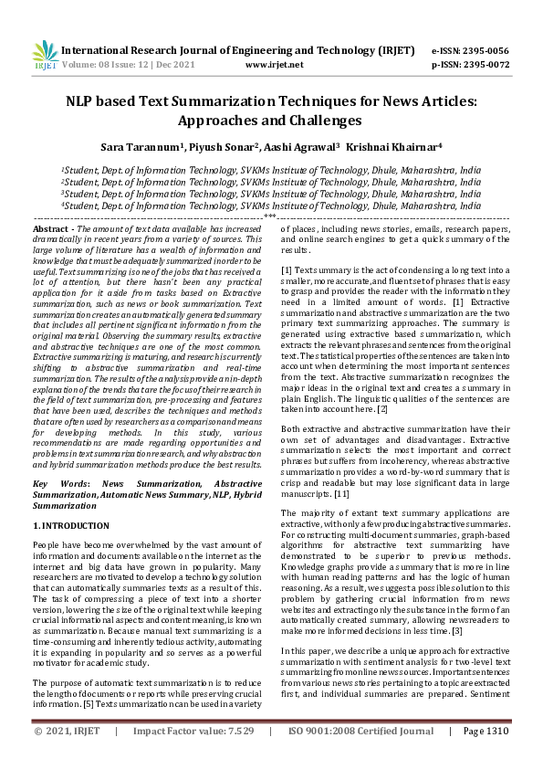 (PDF) IRJET- NLP based Text Summarization Techniques for News Articles ...