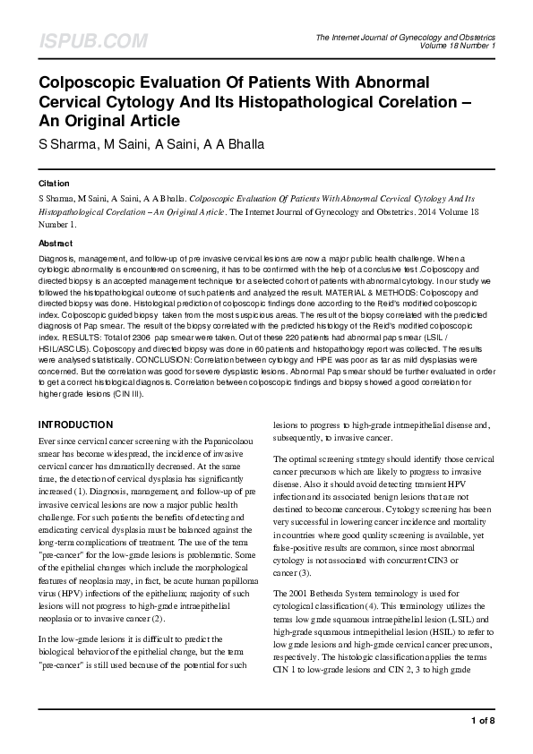 (PDF) Colposcopic Evaluation Of Patients With Abnormal Cervical ...