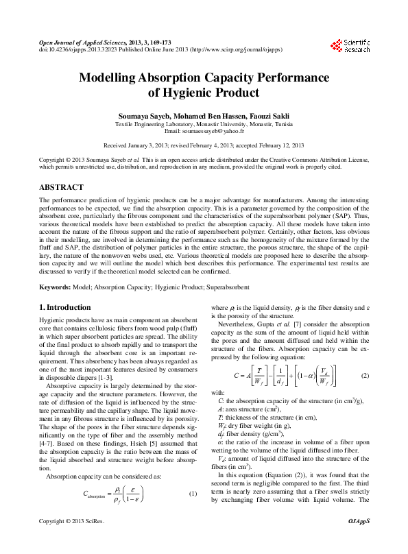 (PDF) Modelling Absorption Capacity Performance of Hygienic Product
