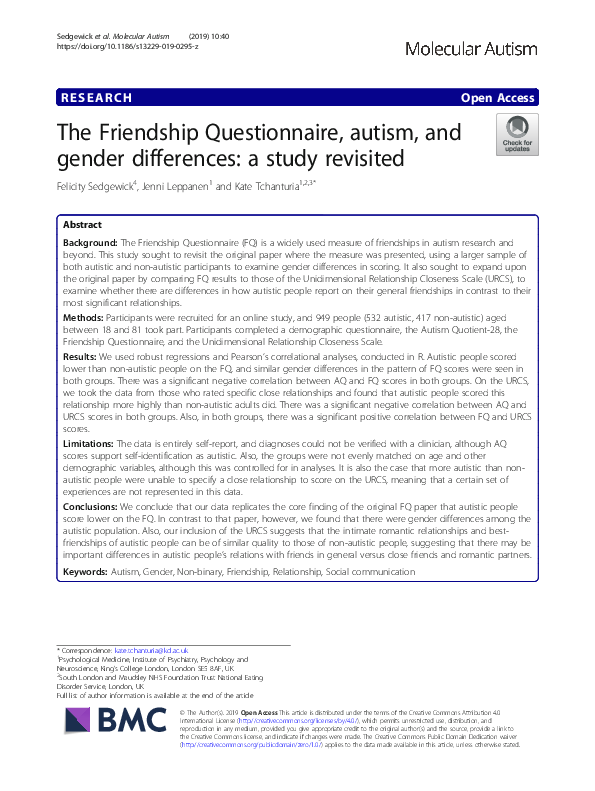 (PDF) The Friendship Questionnaire, autism, and gender differences: a ...